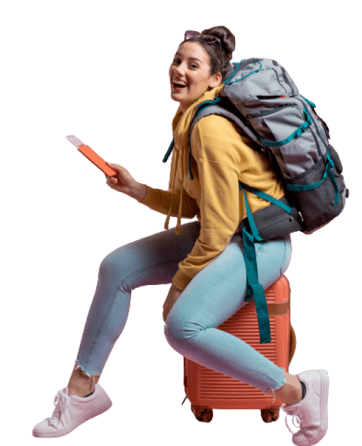 9b25795e Smiley Woman Posing Her Baggage 1